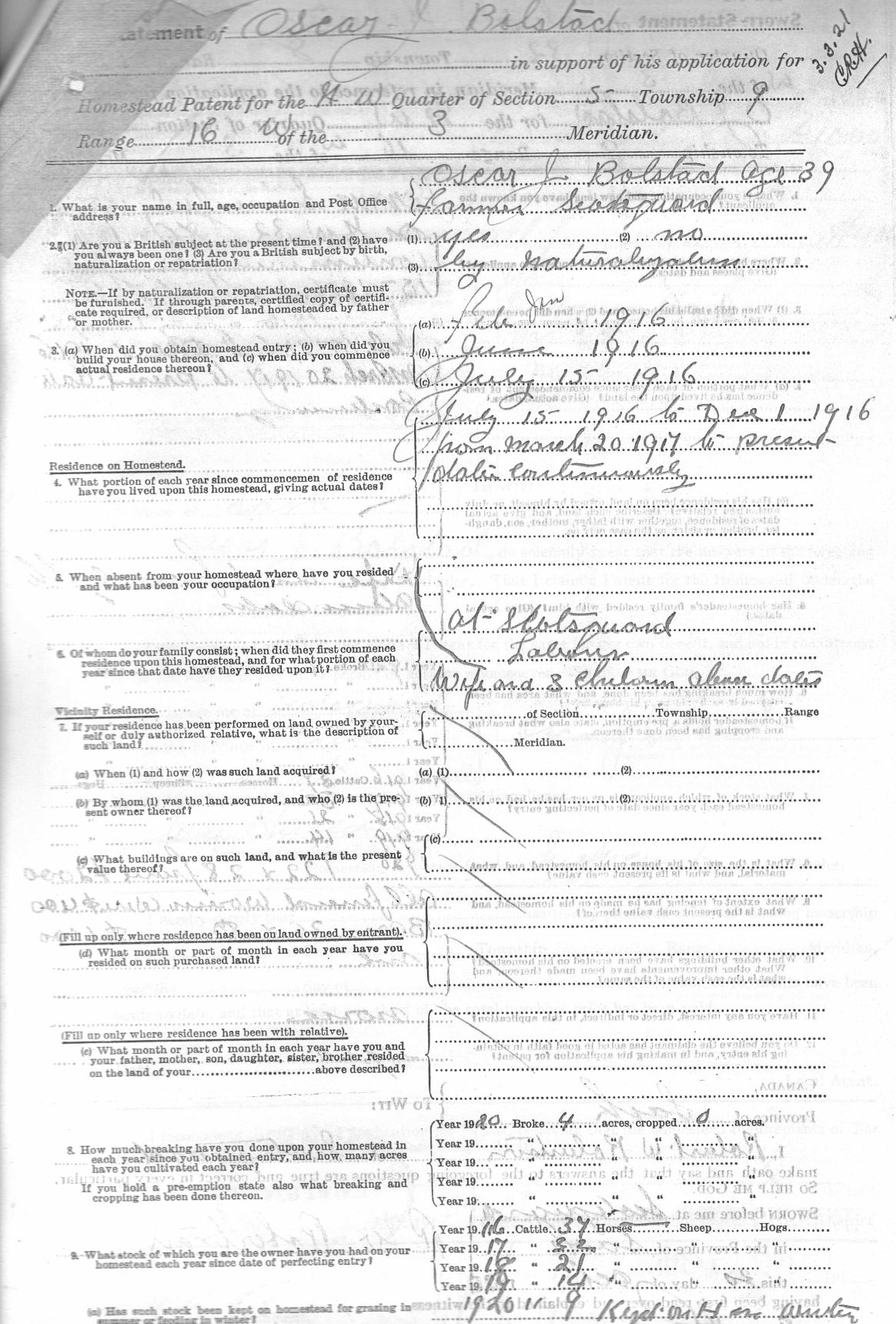 Page 1 of Application for  a Homestead PATENT in Scotsguard Saskatchewan - Oscar J. Bolstad